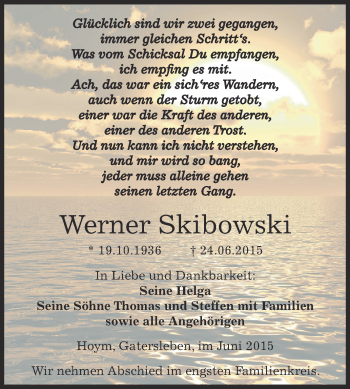 Traueranzeige von Werner Skibowski von Super Sonntag Aschersleben