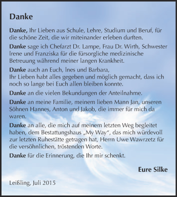 Traueranzeige von Silke  von WVG - Wochenspiegel NMB / WSF / ZTZ