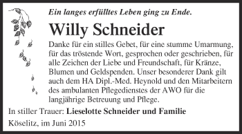 Traueranzeige von Willy Schneider von Super Sonntag Wittenberg