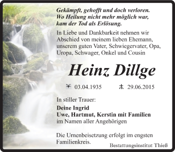Traueranzeige von Heinz Dillge von Mitteldeutsche Zeitung Quedlinburg