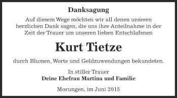 Traueranzeige von Kurt Tietze von Super Sonntag SGH Mansf. Land