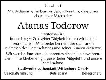 Traueranzeige von Atanas Todorow von Mitteldeutsche Zeitung Wittenberg