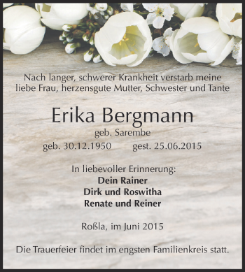 Traueranzeige von Erika Bergmann von Super Sonntag SGH Mansf. Land