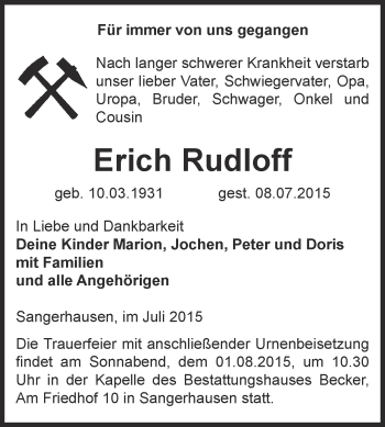 Traueranzeige von Erich Rudloff von Super Sonntag SGH Mansf. Land