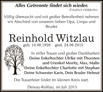 Traueranzeige von Reinhold Witzlau von WVG - Wochenspiegel Dessau / Köthen