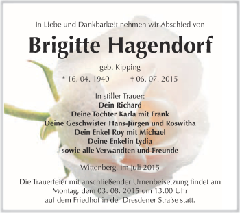 Traueranzeige von Brigitte Hagendorf von WVG - Wochenspiegel Wittenberg