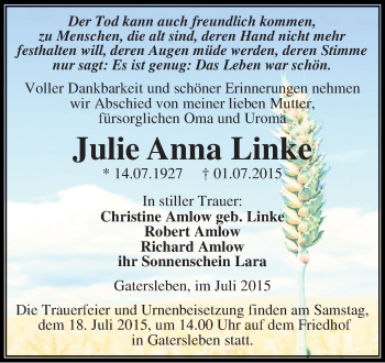 Traueranzeige von Julie Anna Linke von Super Sonntag Aschersleben