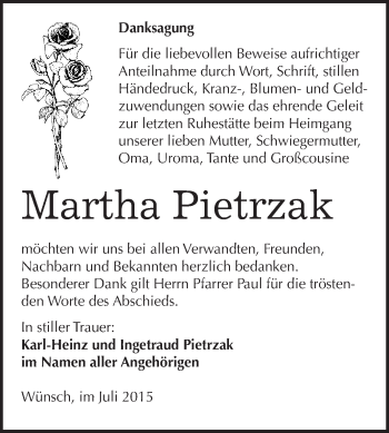 Traueranzeige von Martha Pietrzak von WVG - Wochenspiegel Merseburg