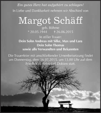 Traueranzeige von Margot Schäff von Super Sonntag Wittenberg