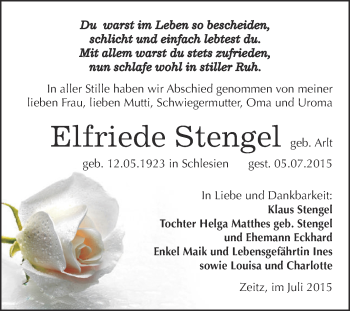 Traueranzeige von Elfriede Stengel von Super Sonntag Zeitz