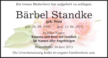 Traueranzeige von Bärbel Standke von Mitteldeutsche Zeitung Merseburg/Querfurt