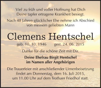 Traueranzeige von Clemens Hentschel von Mitteldeutsche Zeitung Halle/Saalkreis
