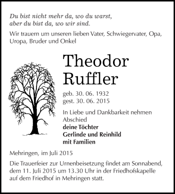 Traueranzeige von Theodor Ruffler von WVG - Wochenspiegel Aschersleben