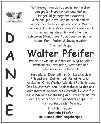 Traueranzeige von Walter Pfeifer von WVG - Wochenspiegel NMB / WSF / ZTZ