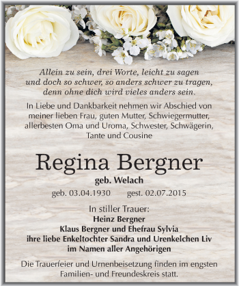 Traueranzeige von Regina Bergner von Mitteldeutsche Zeitung Mansfelder Land