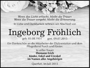 Traueranzeige von Ingeborg Fröhlich von Mitteldeutsche Zeitung Merseburg/Querfurt
