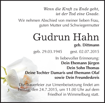 Traueranzeige von Gudrun Hahn von Mitteldeutsche Zeitung Mansfelder Land