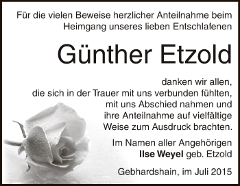 Traueranzeige von Günther Etzold von Super Sonntag Zeitz