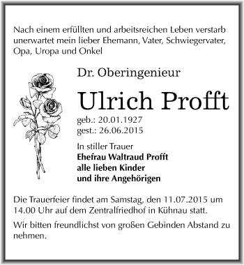 Traueranzeige von Ulrich Profit von Mitteldeutsche Zeitung Dessau-Roßlau