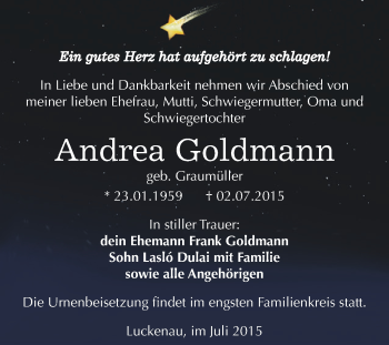 Traueranzeige von Andrea Goldmann von Super Sonntag Zeitz