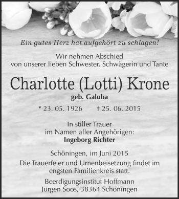 Traueranzeige von Charlotte Krone von Super Sonntag Quedlinburg