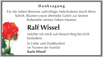 Traueranzeige von Ralf Wissel von WVG - Wochenspiegel Dessau / Köthen