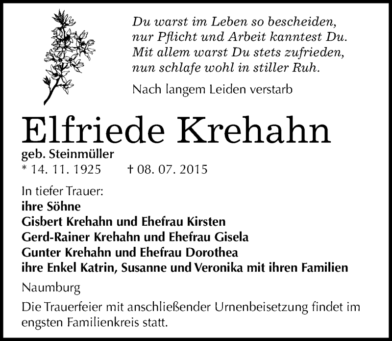  Traueranzeige für Elfriede Krehahn vom 11.07.2015 aus Mitteldeutsche Zeitung Naumburg/Nebra