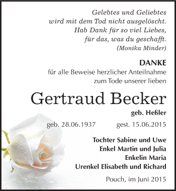 Traueranzeige von Gertraud Becker von Mitteldeutsche Zeitung Bitterfeld