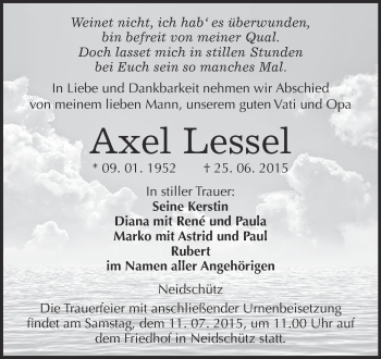 Traueranzeige von Axel Lessel von WVG - Wochenspiegel NMB / WSF / ZTZ