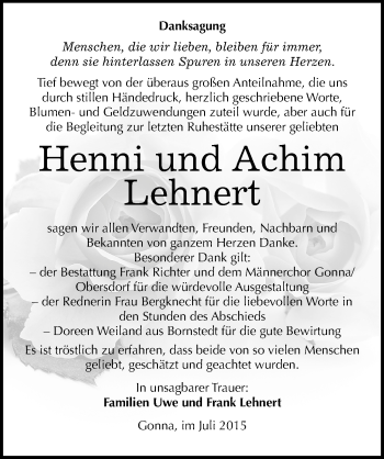 Traueranzeige von Henni und Achim Lehnert von Mitteldeutsche Zeitung Mansfelder Land
