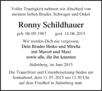 Traueranzeige von Ronny Schildhauer von WVG - Wochenspiegel Wittenberg