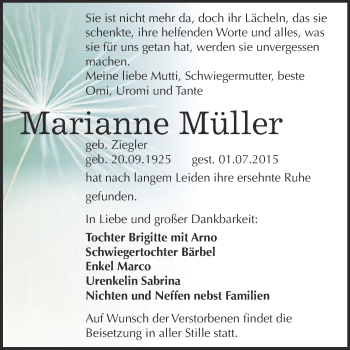 Traueranzeige von Marianne Müller von Super Sonntag Wittenberg