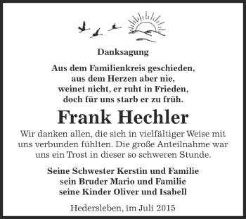 Traueranzeige von Frank Hechler von WVG - Wochenspiegel Quedlinburg