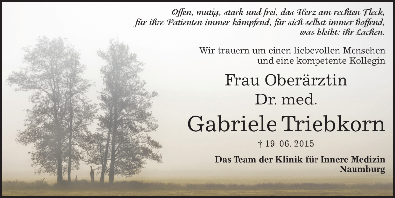  Traueranzeige für Gabriele Triebkorn vom 11.07.2015 aus Mitteldeutsche Zeitung Naumburg/Nebra