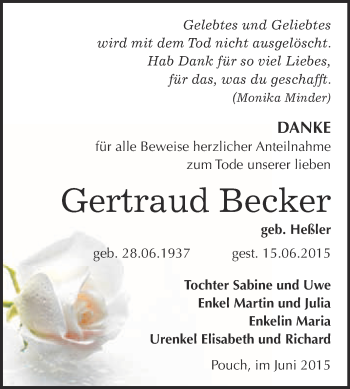 Traueranzeige von Gertraud Becker von WVG - Wochenspiegel Bitterfeld