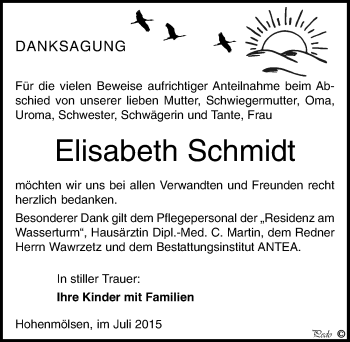 Traueranzeige von Elisabeth Schmidt von Mitteldeutsche Zeitung Weißenfels