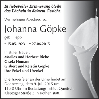 Traueranzeige von Johanna Göpke von WVG - Wochenspiegel Dessau / Köthen