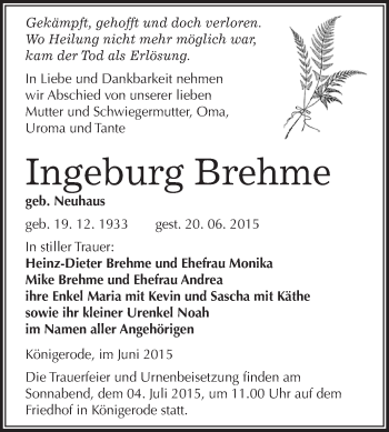 Traueranzeige von Ingeburg Brehme von WVG - Wochenspiegel Quedlinburg