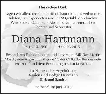 Traueranzeige von Diana Hartmann von WVG - Wochenspiegel Wittenberg