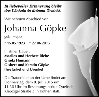 Traueranzeige von Johanna Göpke von Mitteldeutsche Zeitung Köthen