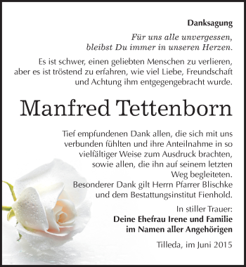 Traueranzeige von Manfred Tettenborn von Mitteldeutsche Zeitung Sangerhausen