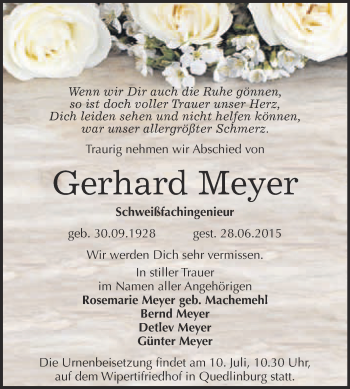 Traueranzeige von Gerhard Meyer von Super Sonntag Quedlinburg