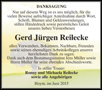 Traueranzeige von Gerd Jürgen Reilecke von Super Sonntag Aschersleben