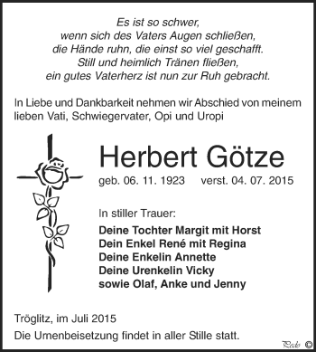 Traueranzeige von Herbert Götze von Super Sonntag Zeitz