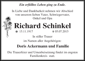 Traueranzeige von Richard Schinkel von WVG - Wochenspiegel Dessau / Köthen