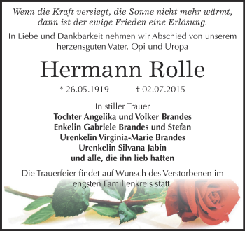 Traueranzeige von Hermann Rolle von Super Sonntag Bernburg