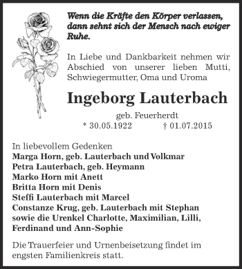 Traueranzeige von Ingeborg Lauterbach von WVG - Wochenspiegel Dessau / Köthen
