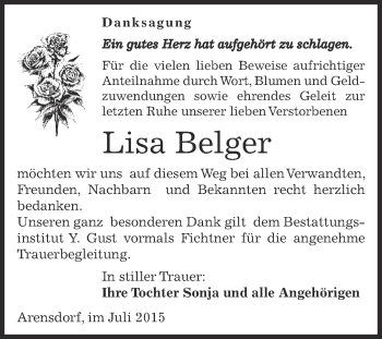 Traueranzeige von Lisa Belger von WVG - Wochenspiegel Dessau / Köthen