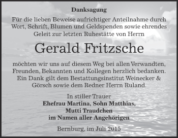 Traueranzeige von Gerald Fritzsche von Super Sonntag Bernburg