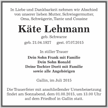 Traueranzeige von Käte Lehmann von WVG - Wochenspiegel Wittenberg